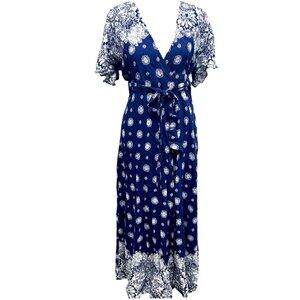 Lulus Hyacinth House Navy Blue Print Wrap Maxi Dress L 100% Rayon Short Flutter